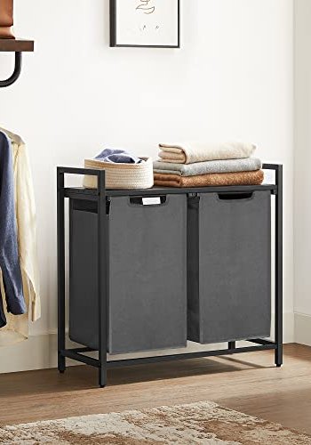 VASAGLE vasketjskurv, m. 2 rum - brun MDF og gr stof/stl