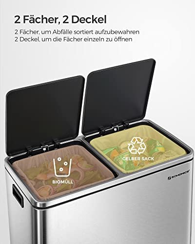 SONGMICS affaldsspand, m. 2 rum, plastspande, lg,, lugtforsegling - slv og sort stl