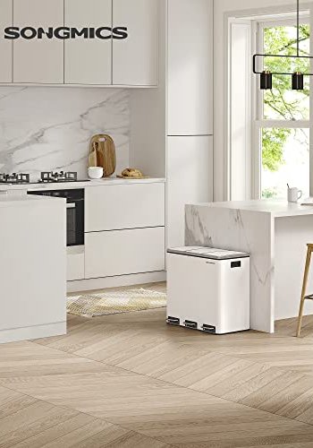 SONGMICS affaldsspand, 3-rums pedalspand, softclose lg, indvendige plastspande, hndtag - hvid stl