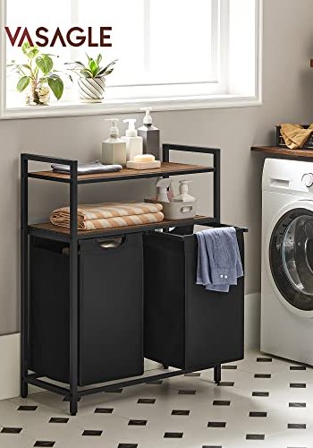 VASAGLE vasketjskurv, m. 2 rum og 2 hylder - brun MDF og sort stof/stl