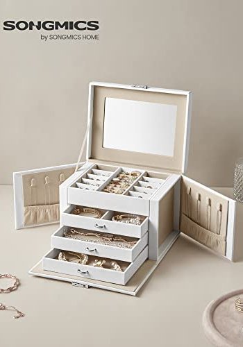 SONGMICS smykkeskrin, 4 niveauer, aflselig smykkeopbevaringsboks med bakker, fljlsforing - hvid 