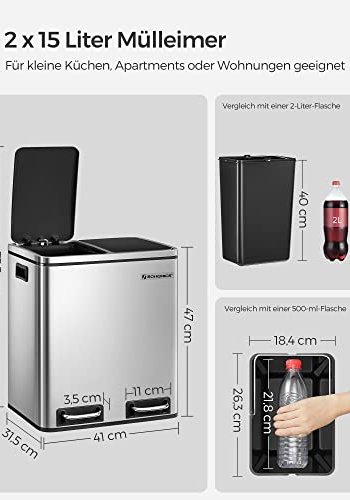 SONGMICS affaldsspand, trinspand, m. indvendig spand og hndtag - slv rustfrit stl