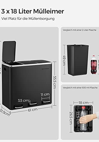 SONGMICS affaldsspand, m. 3-rum pedalspand, soft-close lg, plastspande, hndtag - sort stl