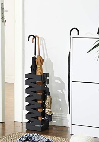 SONGMICS paraplyholder, kvadratisk, m. kroge og drypbakke - sort metal