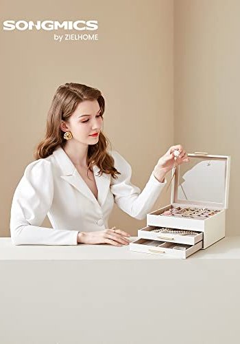 SONGMICS smykkeskrin, 3-lag, m. glaslg og 2 skuffer - guld og hvid kunstlder