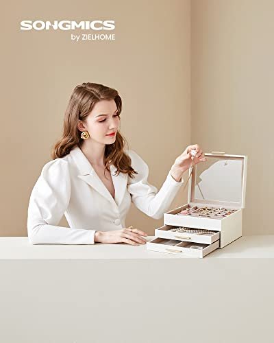SONGMICS smykkeskrin, 3-lag, m. glaslg og 2 skuffer - guld og hvid kunstlder