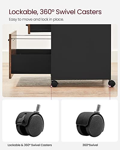 VASAGLE arkivskab, m. 2 skuffer, 1 bent rum og hjul - rustik brun spnplade og sort stl