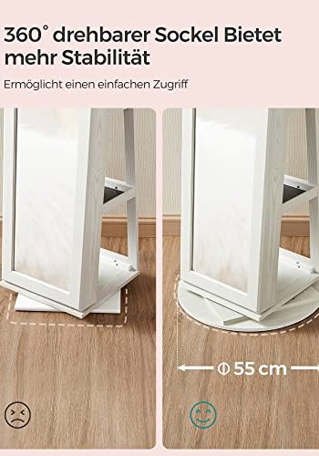 SONGMICS smykkeskab, 360° drejelig, m. spejl, hylder, 3-i-1 lsbar - hvid med grlig trkorn MDF