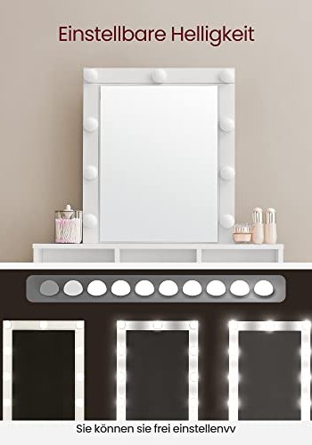 VASAGLE makeup bord, m. spejl, lysprer, 2 skuffer, 3 rum - spejlglas og hvid spnplade (80x40)