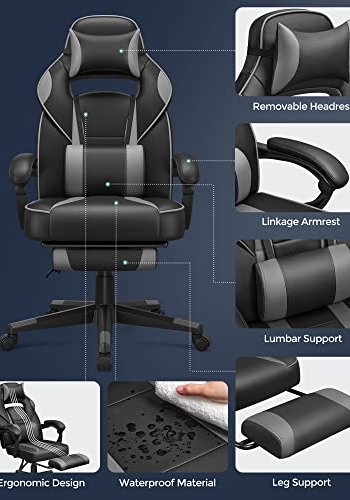 SONGMICS gamerstol, m. armln, fodsttte, nakkesttte og lndepude - sort og gr PU og stl
