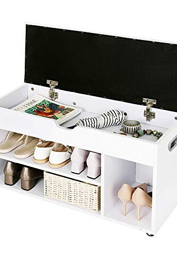 VASAGLE bnk, m. hvid hynde og 4 rum til sko - hvid spnplade (80x30)