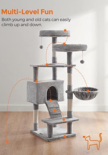 FEANDREA kradsetr, 6 niveauer, 2 platforme, 1 kurv, 1 hule, 2 pomponer - lysegr plys