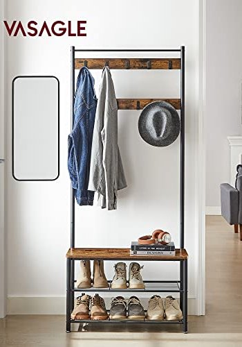 VASAGLE entréopstilling, m. 9 kroge, 3 hylder - brun spnplade og sort stl