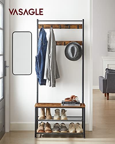 VASAGLE entréopstilling, m. 9 kroge, 3 hylder - brun spnplade og sort stl