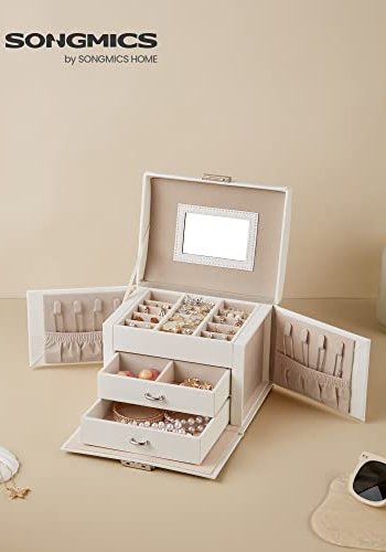 SONGMICS smykkeskrin, 3 lag, m. hndtag, 2 skuffer, lsbar, m. spejl - hvid