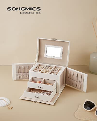 SONGMICS smykkeskrin, 3 lag, m. hndtag, 2 skuffer, lsbar, m. spejl - hvid