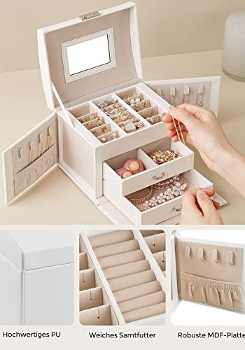 SONGMICS smykkeskrin, 3 lag, m. hndtag, 2 skuffer, lsbar, m. spejl - hvid