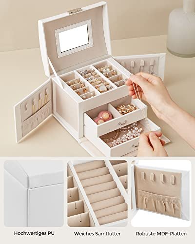 SONGMICS smykkeskrin, 3 lag, m. hndtag, 2 skuffer, lsbar, m. spejl - hvid