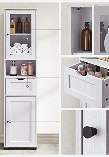 VASAGLE badevrelsesskab, m. 2 lger, justerbare hylder og 1 skuffe - glas og hvid trkorn spnplade