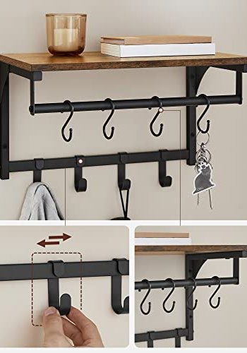 VASAGLE hattehylde, m. bjlestang og 8 aftagelige kroge - rustik brun spnplade og sort stl