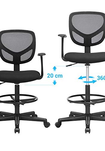 SONGMICS kontorstol, m. armln og justerbar hjde og fodsttte - sort plast og polyester mesh-stof