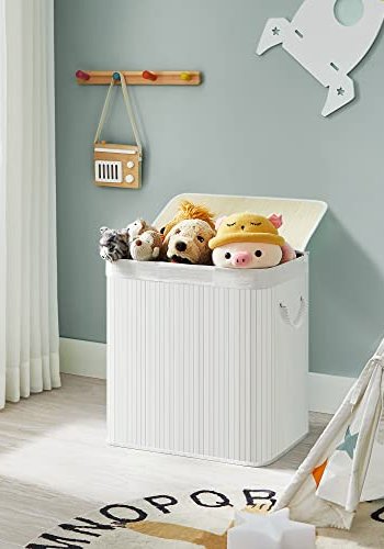 SONGMICS vasketjskurv, m. 3 sektioner, clip-on lg og hndtag - hvid bomuld og hvid bambus