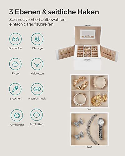 SONGMICS smykkeskrin, 3 lag, m. hndtag, 2 skuffer, lsbar, m. spejl - hvid