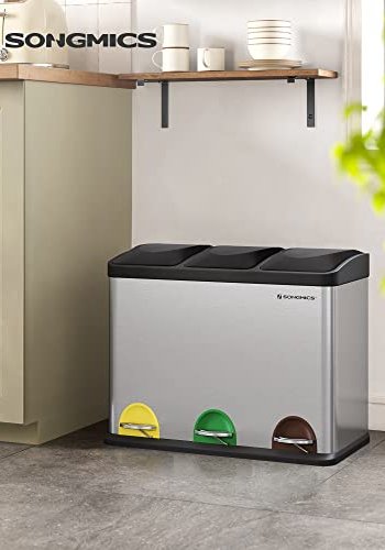 SONGMICS affaldsspand, m. 3 rum, pedaler - slv rustfrit stl og sort polypropylen