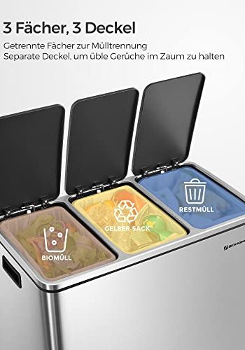 SONGMICS affaldspand, 3-rums, pedal, m. soft-close lg, indvendig plastspand, hndtag - slv stl