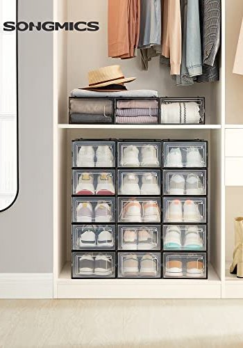 SONGMICS skoreol, stabelbar, foldbar, op til UK strrelse 10.5, m. 18 kasser - klar og sort plastik