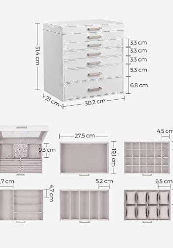 SONGMICS smykkeskrin, m. 6 lag, 5 skuffer, spejl - hvid MDF