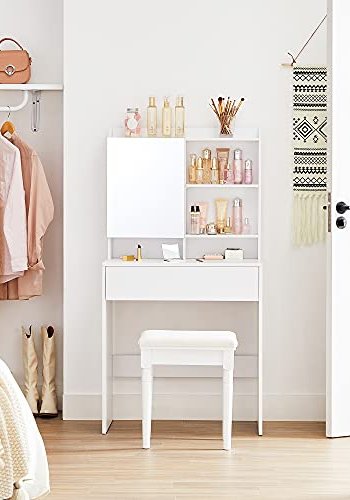 VASAGLE makeupbord, m. spejl, 1 skuffe og 2 hylder - spejlglas og hvid spnplade (70x40)