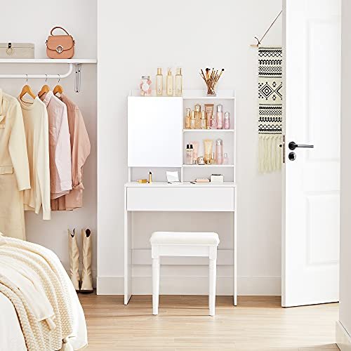 VASAGLE makeupbord, m. spejl, 1 skuffe og 2 hylder - spejlglas og hvid spnplade (70x40)