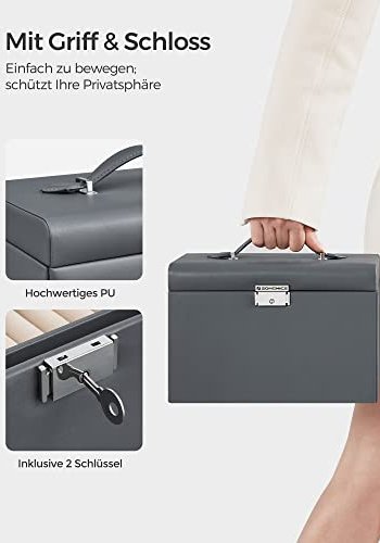 SONGMICS smykkeskrin, lsbar, m. 3 lag, rejseetui, 2 skuffer, spejl - gr PU