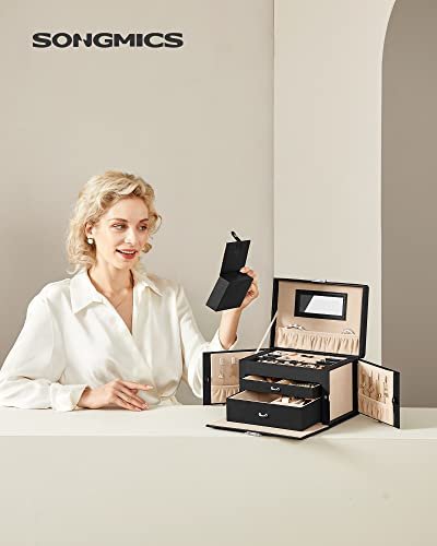 SONGMICS smykkeskrin, m. 2 skuffer, spejl, rejseetui - sort kunstlder