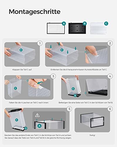 SONGMICS skoreol, stabelbar, foldbar, op til UK strrelse 10.5, m. 18 kasser - klar og sort plastik