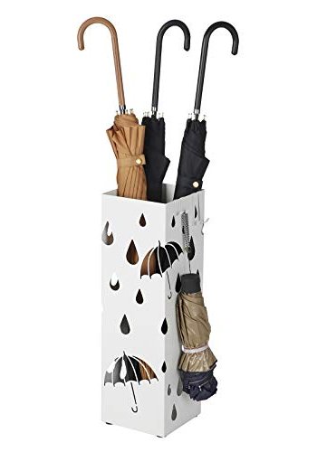 SONGMICS paraplyholder, kvadratisk, m. 4 kroge og drypbakke - hvid metal
