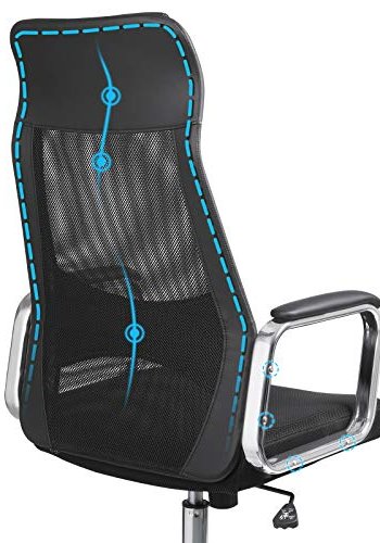 SONGMICS kontorstol, hjdejusterbar, hoved- og lndesttte, armln, hjul - sort mesh og kunstlder