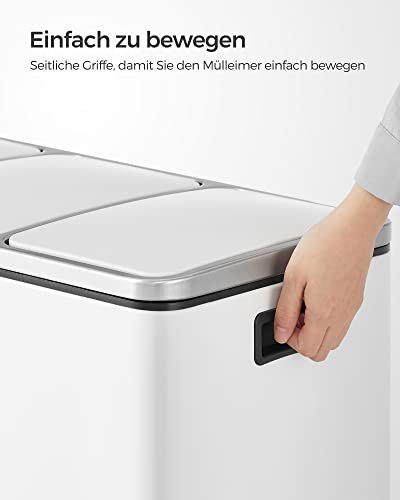 SONGMICS affaldsspand, 3-rums pedalspand, softclose lg, indvendige plastspande, hndtag - hvid stl
