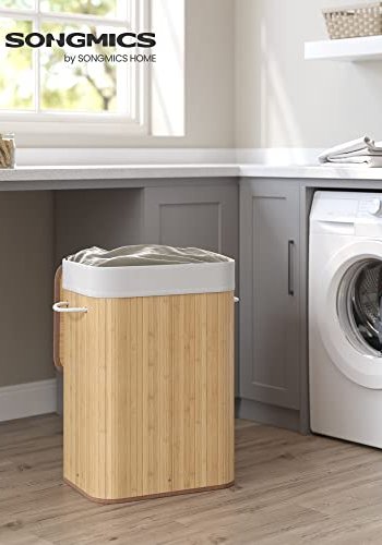 SONGMICS vasketjskurv, foldbar, m. 1 lg, aftageligt og vaskbart for - bomuld og natur bambus