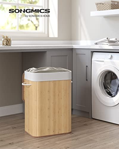 SONGMICS vasketjskurv, foldbar, m. 1 lg, aftageligt og vaskbart for - bomuld og natur bambus