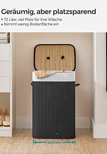 SONGMICS vasketjskurv, rektangulr, foldbar m. 3 hndtag og 1 lg - bomuld og sort bambus