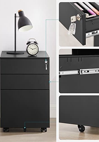 SONGMICS mobilt arkivskab, m. 3 skuffer, lsbar stlsokkel, hngemappe skinner, hjul - sort stl