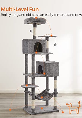 FEANDREA kradsetr, 6 niveauer, 1 stol, 2 huler, 2 pomponer, 1 hngekje - lysegr plys