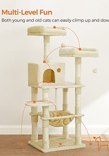 FEANDREA kradsetr, 5 niveauer, 2 platforme, 1 hule, 2 pomponer, 1 hngekje - beige plys