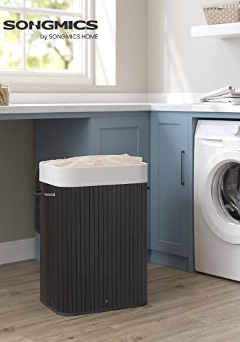 SONGMICS vasketjskurv, rektangulr, foldbar m. 3 hndtag og 1 lg - bomuld og sort bambus