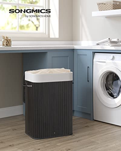 SONGMICS vasketjskurv, rektangulr, foldbar m. 3 hndtag og 1 lg - bomuld og sort bambus