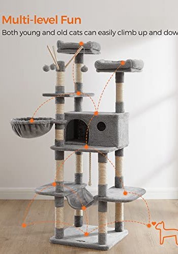 FEANDREA kradsetr, 6 niveauer, 2 platforme, 1 kurv, 1 hule, 3 pomponer, 1 hngekje - lysegr plys