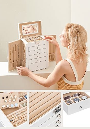 SONGMICS smykkeskrin, m. 6 lag, 5 skuffer, spejl - hvid MDF