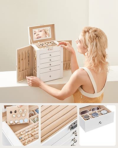 SONGMICS smykkeskrin, m. 6 lag, 5 skuffer, spejl - hvid MDF